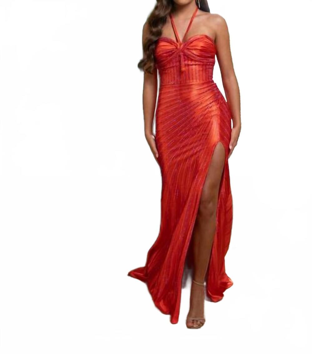 NEW RACHEL ALLAN beaded halter slit prom gown in tangerine
